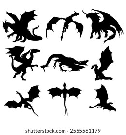 Dragon Silhouette. Dragon Crest Wings great set collection clip art Silhouette, dragon tattoo designs, Black vector illustration on white background .