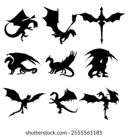 Dragon Silhouette. Dragon Crest Wings great set collection clip art Silhouette, dragon tattoo designs, Black vector illustration on white background .