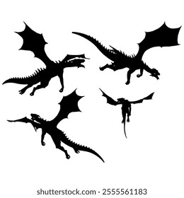 Dragon Silhouette. Dragon Crest Wings great set collection clip art Silhouette, dragon tattoo designs, Black vector illustration on white background .