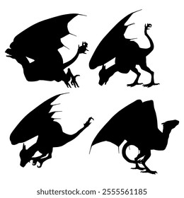 Dragon Silhouette. Dragon Crest Wings great set collection clip art Silhouette, dragon tattoo designs, Black vector illustration on white background .