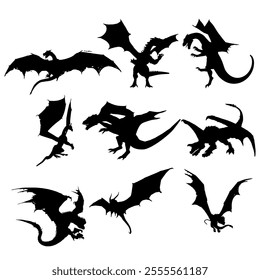 Dragon Silhouette. Dragon Crest Wings great set collection clip art Silhouette, dragon tattoo designs, Black vector illustration on white background .