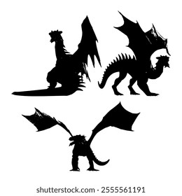 Dragon Silhouette. Dragon Crest Wings great set collection clip art Silhouette, dragon tattoo designs, Black vector illustration on white background .