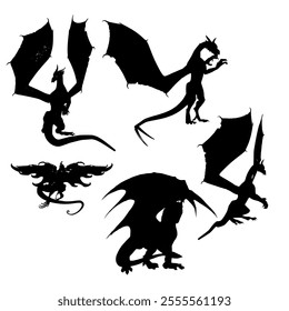 Dragon Silhouette. Dragon Crest Wings great set collection clip art Silhouette, dragon tattoo designs, Black vector illustration on white background .