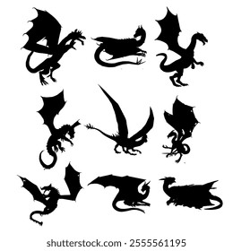 Dragon Silhouette. Dragon Crest Wings great set collection clip art Silhouette, dragon tattoo designs, Black vector illustration on white background .