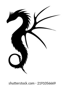 Dragon silhouette dark black, hand drawn art. Vector illustration