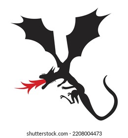 Dragon silhouette with fire on white background. Vector Illustration