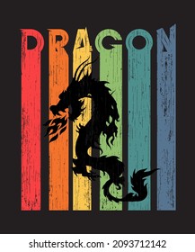 Dragon silhouette graphics on colorful vintage background. Vintage Graphic design for apparel, clothes. Vector illustration.