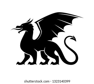 Dragon silhouette illustration. Heraldic design element for logo or emblem. Medieval fantasy, fairytale evil monster. Heraldry beast.