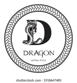 Dragon silhouette inside capital letter D. Elegant Gothic Dragon Logo with tattoo element. Heraldic symbol beast ancient mythology for logotype, emblem, monogram, icon, business card, brand name.