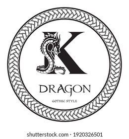 Dragon silhouette inside capital letter K. Elegant Gothic Dragon Logo with tattoo element. Heraldic symbol beast ancient mythology for logotype, emblem, monogram, icon, business card, brand name.