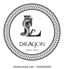 Dragon silhouette inside capital letter L. Elegant Gothic Dragon Logo with tattoo element. Heraldic symbol beast ancient mythology for logotype, emblem, monogram, icon, business card, brand name.