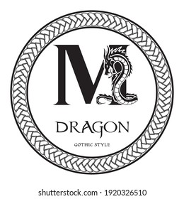 Dragon silhouette inside capital letter M. Elegant Gothic Dragon Logo with tattoo element. Heraldic symbol beast ancient mythology for logotype, emblem, monogram, icon, business card, brand name.