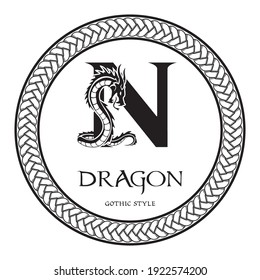 Dragon silhouette inside capital letter N. Elegant Gothic Dragon Logo with tattoo element. Heraldic symbol beast ancient mythology for logotype, emblem, monogram, icon, business card, brand name.