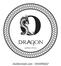 Dragon silhouette inside capital letter O. Elegant Gothic Dragon Logo with tattoo element. Heraldic symbol beast ancient mythology for logotype, emblem, monogram, icon, business card, brand name.