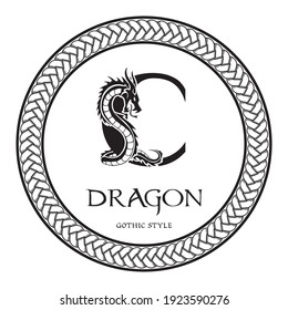 Dragon silhouette inside capital letter C. Elegant Gothic Dragon Logo with tattoo element. Heraldic symbol beast ancient mythology for logotype, emblem, monogram, icon, business card, brand name.