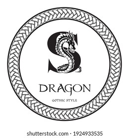 Dragon silhouette inside capital letter S. Elegant Gothic Dragon Logo with tattoo element. Heraldic symbol beast ancient mythology for logotype, emblem, monogram, icon, business card, brand name.