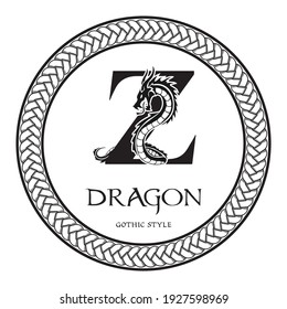 Dragon silhouette inside capital letter Z. Elegant Gothic Dragon Logo with tattoo element. Heraldic symbol beast ancient mythology for logotype, emblem, monogram, icon, business card, brand name.