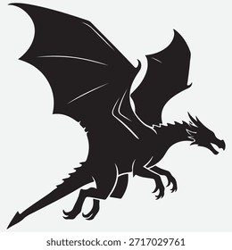 Silueta del dragón en el fondo blanco Vector mítico volador del dragón negro de la criatura
