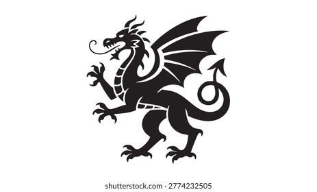 Dragon silhouette presented as a bold black vector graphic illustration captures a powerful mythical beast with sharp wings and a curled tail designed perfectly for professional heraldic branding projects that require a striking symbol representing immense strength and timeless fantasy legends.