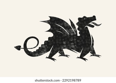 Dragon silhouette with retro texture. Black print on white background