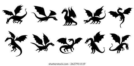 Dragon Silhouette set. Monochrome black stickers with flying winged dragons. Design elements for tattoos, logos and emblems. Flat vector illustration collection isolated on background