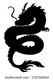 Dragon silhouette, snake shape, icon, logo, outline black and white drawing, stencil, sticker, detailed isolated on white background. Vector illustration