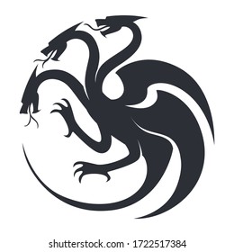 Dragon silhouette and tattoo sketch icon. Swirls of fantasy character beast with wings and claws isolated on white. Swirls symbol of mythology flying animal with tree heads in black color vector