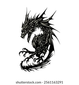 Dragon silhouette vector art illustration. Traditional Red Chinese Dragon Silhouette with Zodiac Symbol and Crawling Details – Dragon logo icon vector illustration