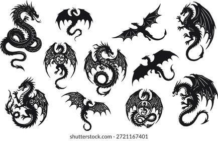 Coleção de vetor de silhueta do dragão, poses de criaturas míticas, desenhos de fantasia pretos, estilos tribais e ornamentais, formas voadoras e enroladas, gráficos de tatuagem