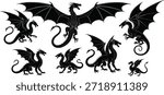Dragon silhouette vector set, black mythical creature icons, fantasy illustration pack, flying beast clipart, editable winged reptile graphics, fierce dragon poses, artistic monster collection