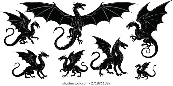 Conjunto de Vectores de silueta de dragón, íconos de criaturas míticas negras, paquete de ilustración de fantasía, Clipart de bestia voladora, gráficos de reptiles alados editables, poses de dragón feroces, colección de monstruo artístico