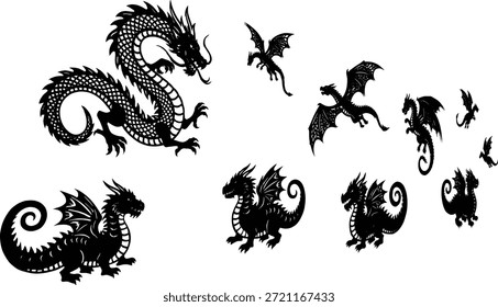 Drachensilhouette, Vektorsatz, schwarze Fantasy-Kreaturen, geflügelte und schlangenförmige Posen, mythisches Thema, heftige Illustration, dekorative Designgrafiken