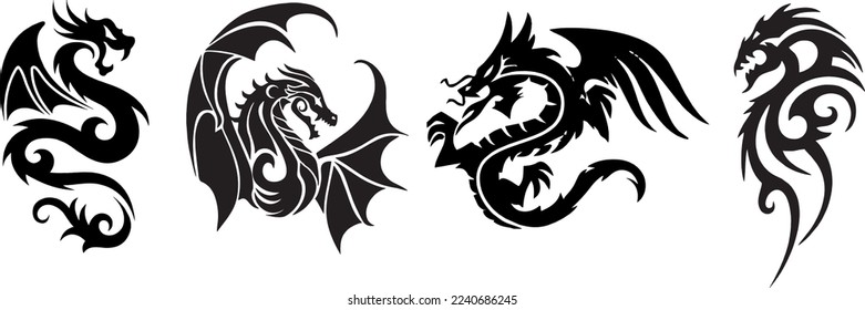 Dragon silhouettes on white background. Vector illustration of a dragon for a tattoo.
