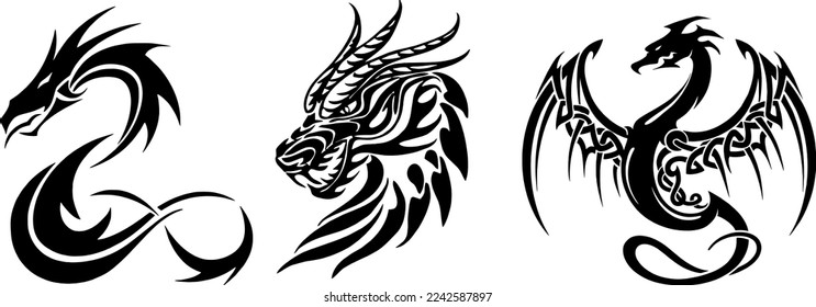 Dragon silhouettes on white background. Vector illustration dragon tattoo.