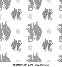 Dragon silhouettes seamless pattern with wings. Medieval dragon. Vector illustration.