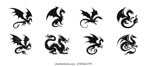 Conjunto de siluetas de dragón. Colección de dragón negro. Ilustración vectorial.