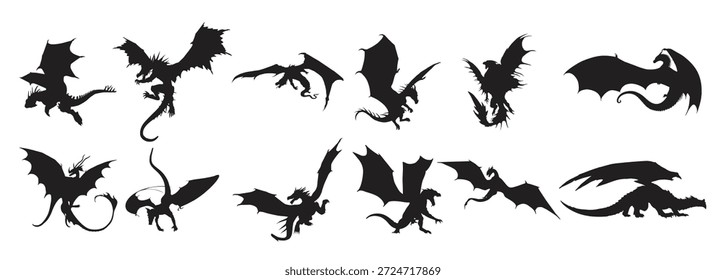 Conjunto de siluetas de dragón de Ilustración vectorial
