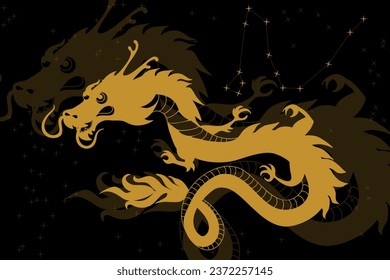 Dragon silhouettes in sky. Star Sign Dragon. Chinese dragon New Year. Mythological creatures. Zodiac sign. Hand drawn vector illustration.