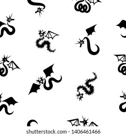 Dragon silhouettes with wings. Drawing vector black and white seamless pattern.