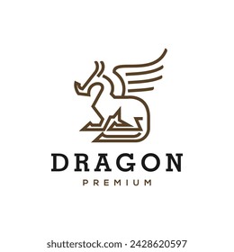 Diseño de vector de logotipo de línea simple de dragón, diseño de pictograma de contorno de logotipo de dragón con ala