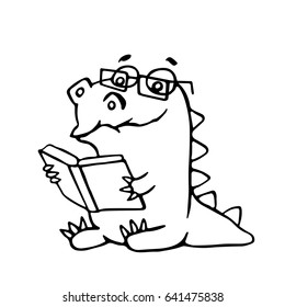 The dragon sits and reads a book. Vector illustration. Glasses on a separate layer.