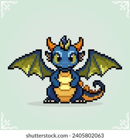 Dragon is sitting in 8 bit pixel art. Fantasy animals in vector illustration.