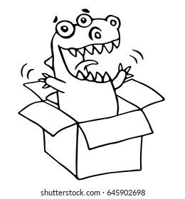 The dragon sitting in box. Vector illustration. Cute cartoon character.