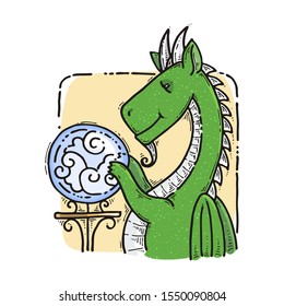 Dragon sitting and guesses on the crystal ball. Fairytale cute monster. Vector illustration