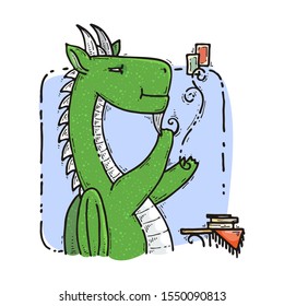 Dragon sitting and guesses on tarot cards. Fairytale cute monster. Vector illustration