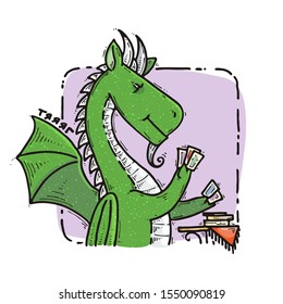 Dragon sitting and guesses on tarot cards. Fairytale cute monster. Vector illustration