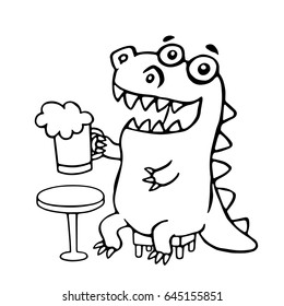 The dragon sitting with a mug of beer. Vector illustration. Cute cartoon character.