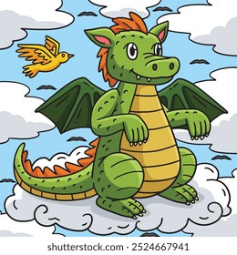 Dragon Sitting on a Cloud Colored Cartoon 