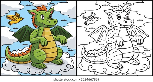 Dragon Sitting on a Cloud Coloring Illustration