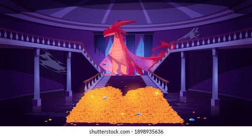 Dragon sitting on gold pile in castle, fantasy character guard treasures in palace. Magic creature of medieval fairytale, flying animal, book or computer game personage, Cartoon vector illustration